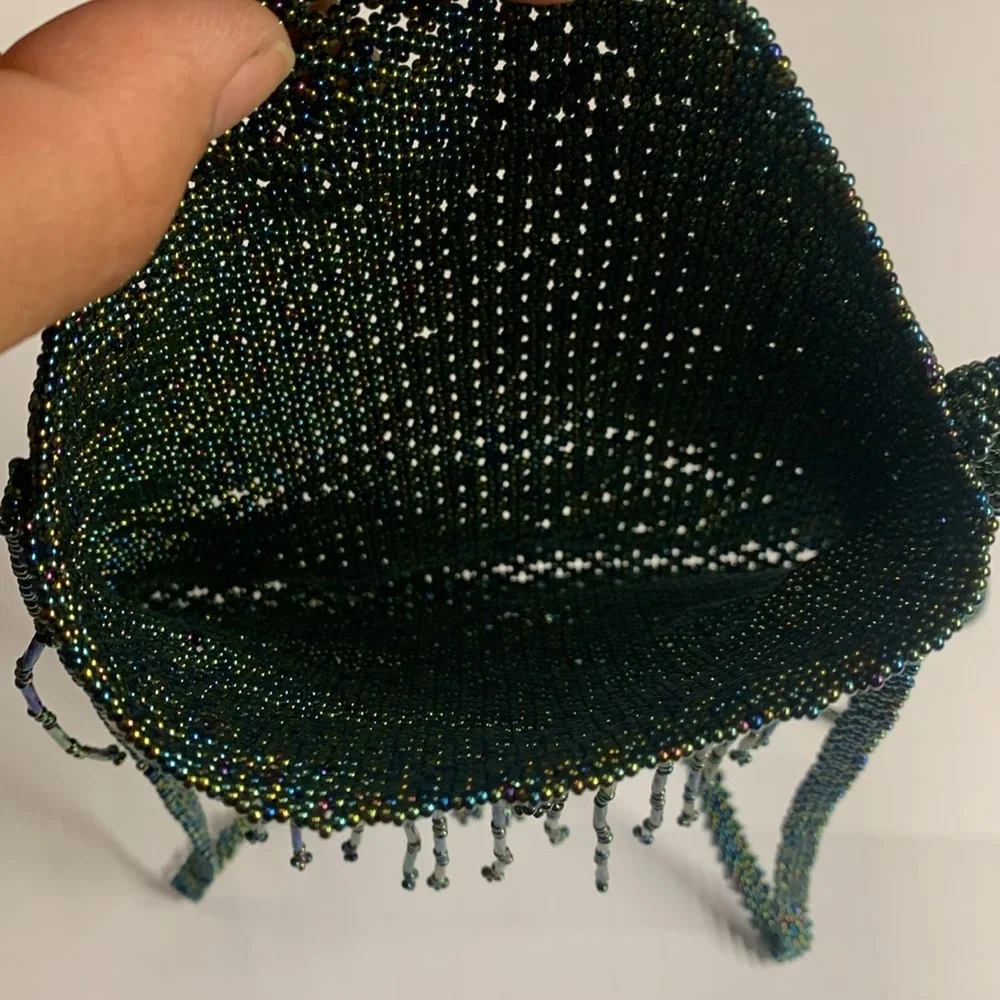 crossbody handbag BEADED hand crafted green With blue purple beads 5.5 x 7” NWOT